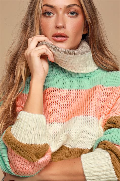 Cute Cream Multi Sweater Striped Sweater Turtleneck Sweater Lulus