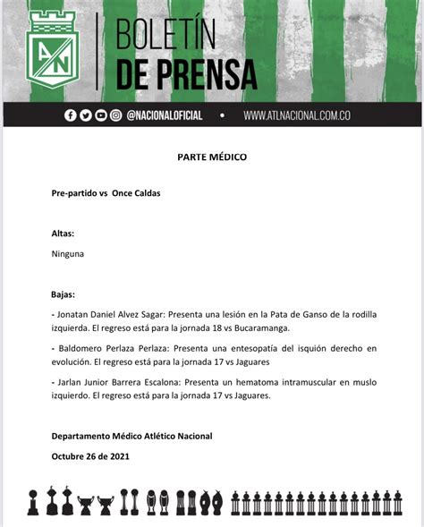 Parte Médico Oficial De Atlético Nacional Previo Al Juego Ante Once