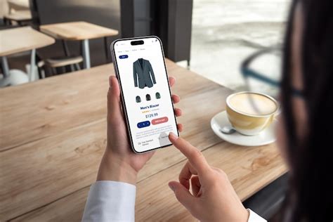 Premium Photo Woman Shops For Mens Blazer On Smartphone Modern Ecommerce App Interface Concept