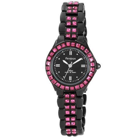 Armitron Ladies Black Round Dial Bracelet Watch With Pink Stone