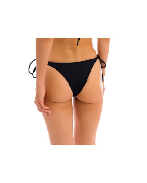 Black Textured Brazilian Bikini Bottom With Twisted Ties Bottom St