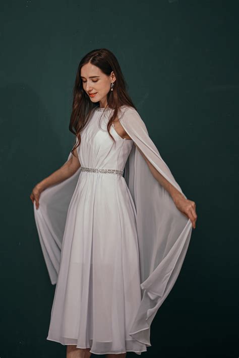 Simple Beaded White Chiffon Summer Wedding Dress With Cape Ballbella