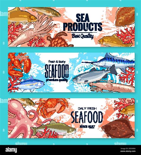 Seafood Market Product Banners Templates Of Fresh Squid Lobster Crab