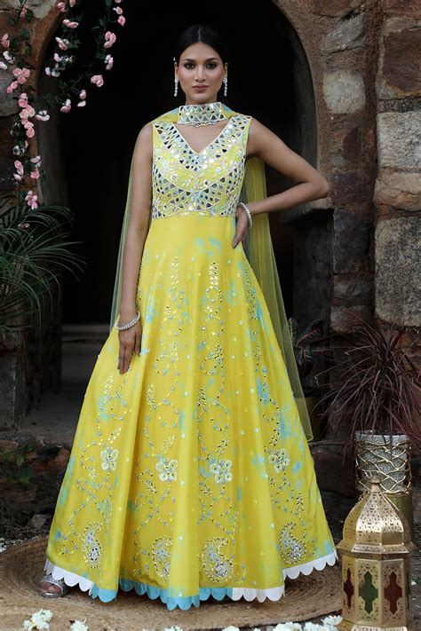 Buy Yellow Uppada Silk Dye And Embroidery Tie Anarkali With Tassel