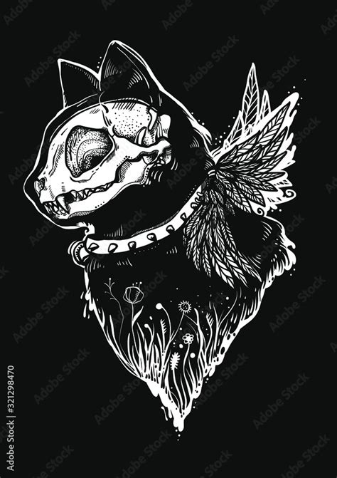 Hand drawn illustration with cat and cat skull. Graphic drawing. Gothic ...