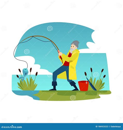 Surprised Fisherman Reeling a Blue Fish Out of Water Stock Vector ...