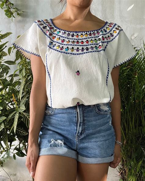 Mexican Embroidered Blouse Oaxaca Embroidery Shirt Tacuate Huipil