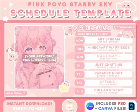 Pink Poyo Starry Sky Cute Twitch Stream Schedule Template Includes Psd