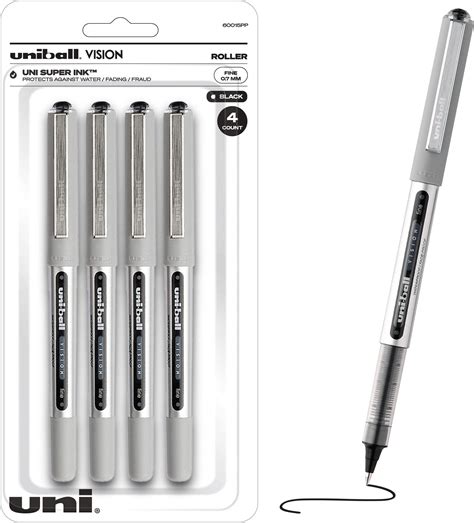 Uniball Vision Rollerball Black Pens Pack Of 4 Fine Point Pens With 0