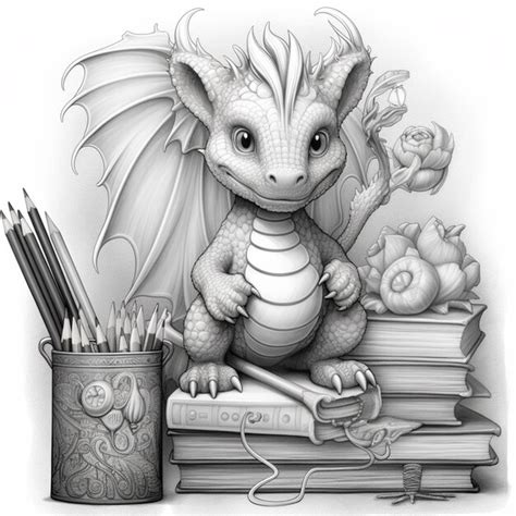 Premium Photo Pencil Drawing Of A Dragon Sitting On A Pile Of Books