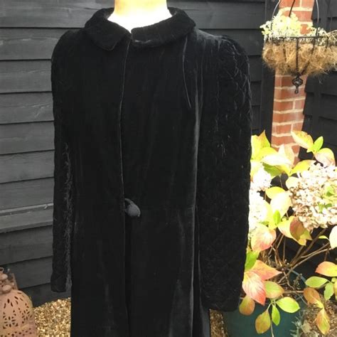 Antique Vintage Long Black Velvet Coat Quilted Sleev Gem