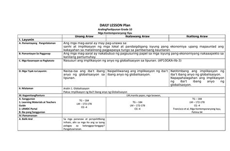 Dlp Q Globalisasyon No Daily Lesson Plan Aralingpanlipunan Grade