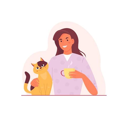 Mulher feliz sentada gato e segurando a xícara de café vida diária