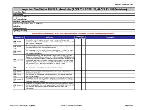 Bsl Checklist With Nih Guidelines Select Agent Program