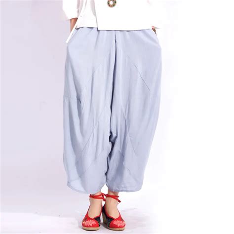 Women Harem Pants Solid Color Chinese National Style Elastic Waist