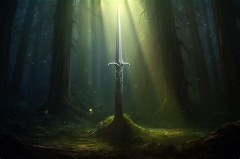 Premium Photo Excalibur Sword In The Stone With Light Rays In A Dark