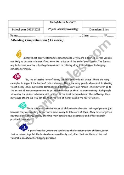 Second Form End Term Test 1 ESL Worksheet By Madamboutheina