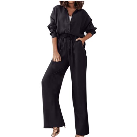 Ddapj Pyju Casual 2 Piece Outfits For Women 2023long Sleeve Button Shirts And Wide Leg Pants