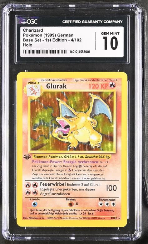 Psa Cgc Gem Mint Charizard Glurak Base St Edition German