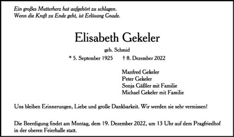 Traueranzeigen Von Elisabeth Gekeler Stuttgart Gedenkt De