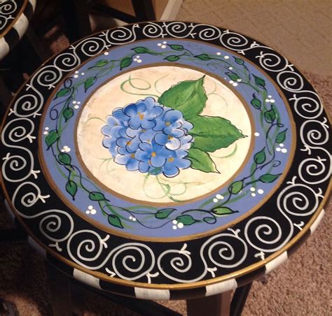 Buy Handmade Custom Hand Painted Round Top Bar Stool Blue Flower