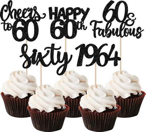 Rsstarxi 30 Pack Happy 60th Birthday Cupcake Toppers Glitter Sixty Since 1964 Cheers