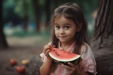 Premium Ai Image A Girl Eating A Slice Of Watermelon