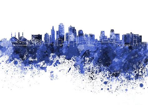 Kansas City Skyline In Blue Watercolor On White Background Painting By