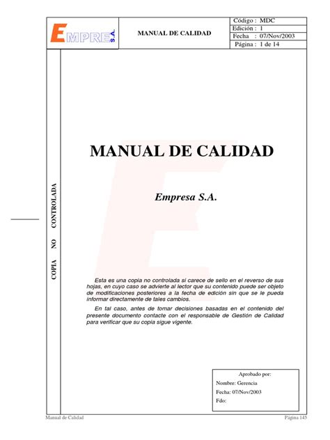 Manual De Calidad Empresa Sa Gestión De La Calidad Calidad