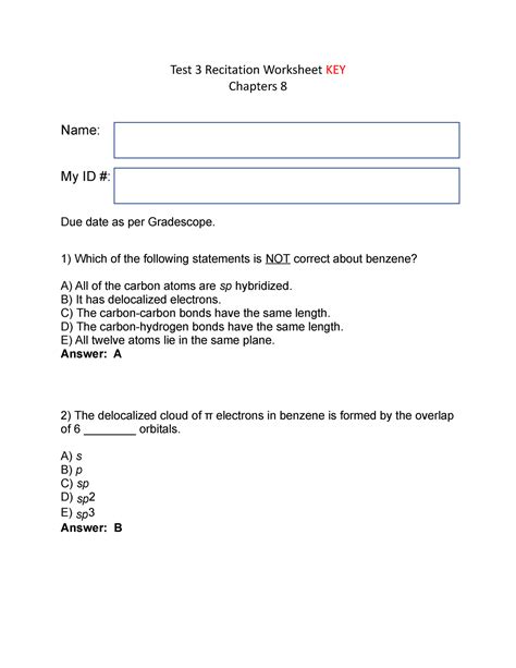 Chapter 8 Recitation Worksheet KEY Test 3 Recitation Worksheet KEY