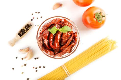 Spaghetti With Ingredients For Cooking Pasta On A White Background Top