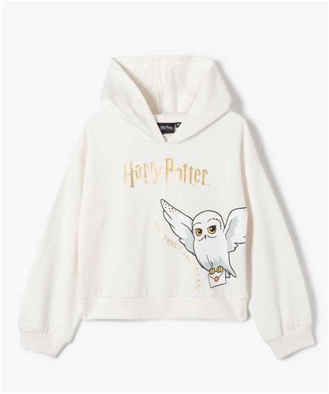 Sweat fille court à capuche avec motif Harry Potter ecru GEMO