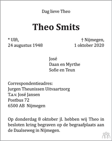 Theo Smits Overlijdensbericht En Condoleances Mensenlinq Nl