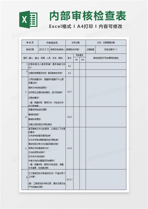 内部审核检查表excel模板下载审核图客巴巴