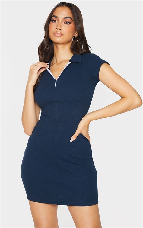 Navy Thick Rib Zip Up Polo Collar Bodycon Dress Prettylittlething