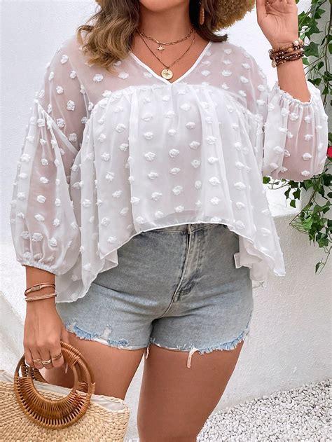 Shein Vcay Plus Swiss Dot Lantern Sleeve High Low Hem Chiffon Blouse