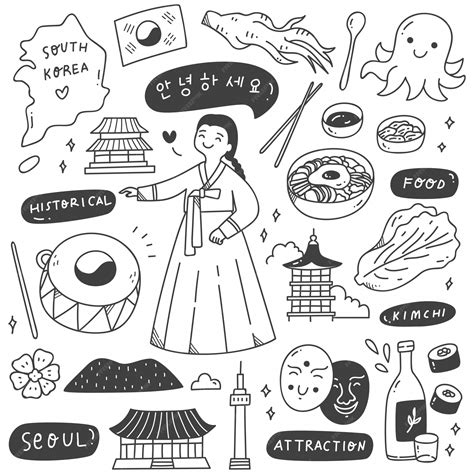 Premium Vector | South Korea Travel Destination Doodle Set