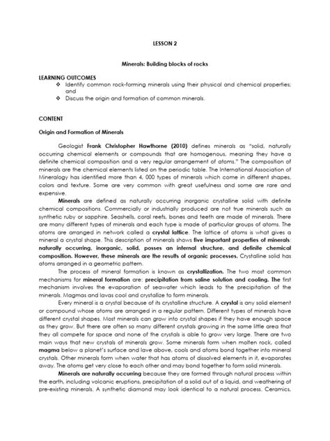 Lesson 2 Minerals Building Blocks Of Rocks Pdf Minerals Crystal