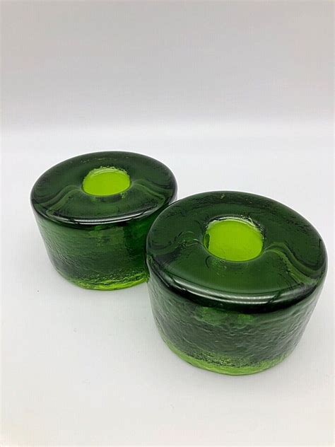 Blenko Recycled Glass Taper Candle Holders Green Puck Shape Set Of 2 EBay