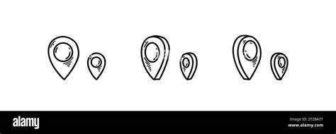 Set Of Doodle Location Pin Icons In Different Dimensions Hand Drawn