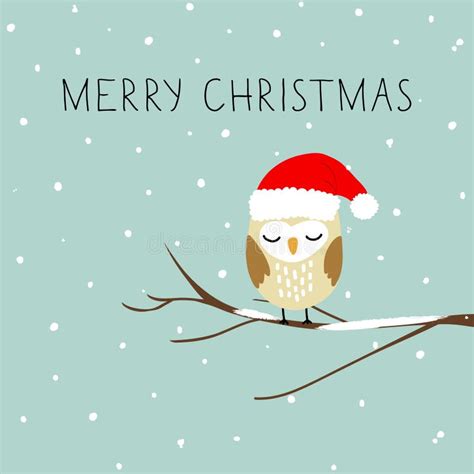 Vector Illustration Of Cute Baby Owl In Santa Hat Sitting On Tree