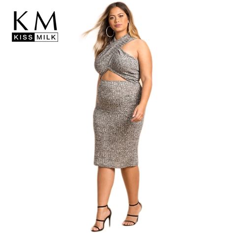 Kissmilk Plus Size Women Clothing Casual Solid Sexy Dress Cross Front