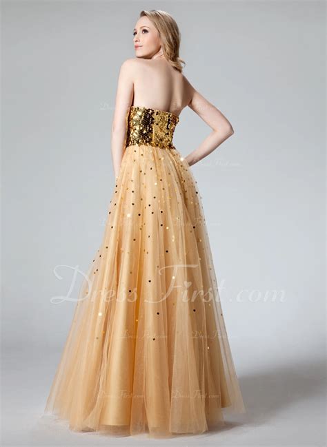 Ball Gown Sweetheart Floor Length Tulle Prom Dresses With Sequins