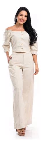 Conjunto Linho Cropped Lastex Cal A Alfaiataria Pantalona Frete Gr Tis