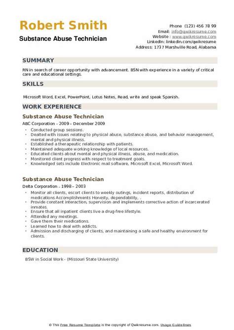 Substance Abuse Technician Resume Samples Qwikresume