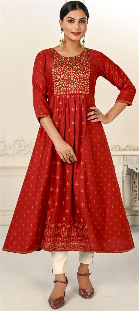 Party Wear Red And Maroon Color Cotton Fabric Kurti 1886644