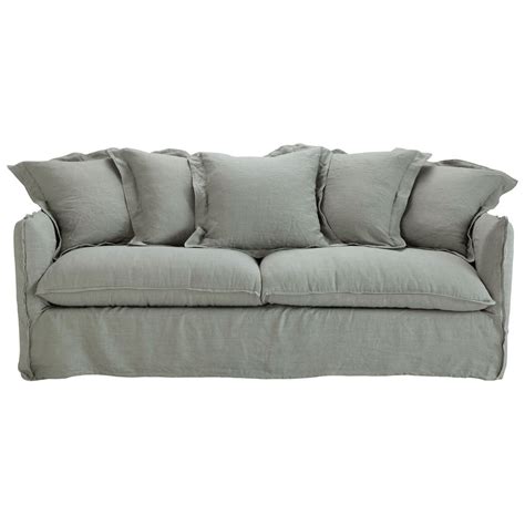 Seater Washed Linen Sofa Bed In Light Grey Barcelone Maisons Du Monde