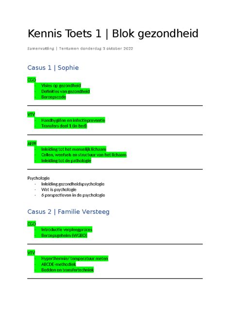 Kennis Toets Samenvatting Kennis Toets Blok Gezondheid