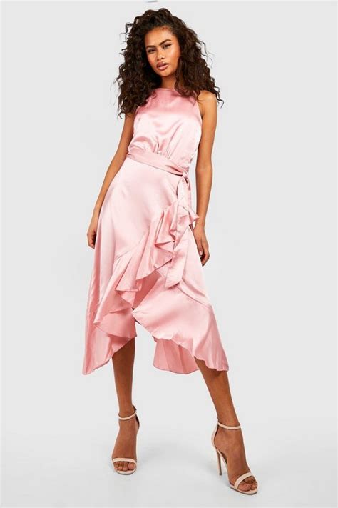 Satin Frill Wrap Midi Dress Boohoo