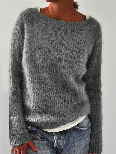 Women Casual Crew Neck Acrylic Long Sleeve Sweaters Pullovers